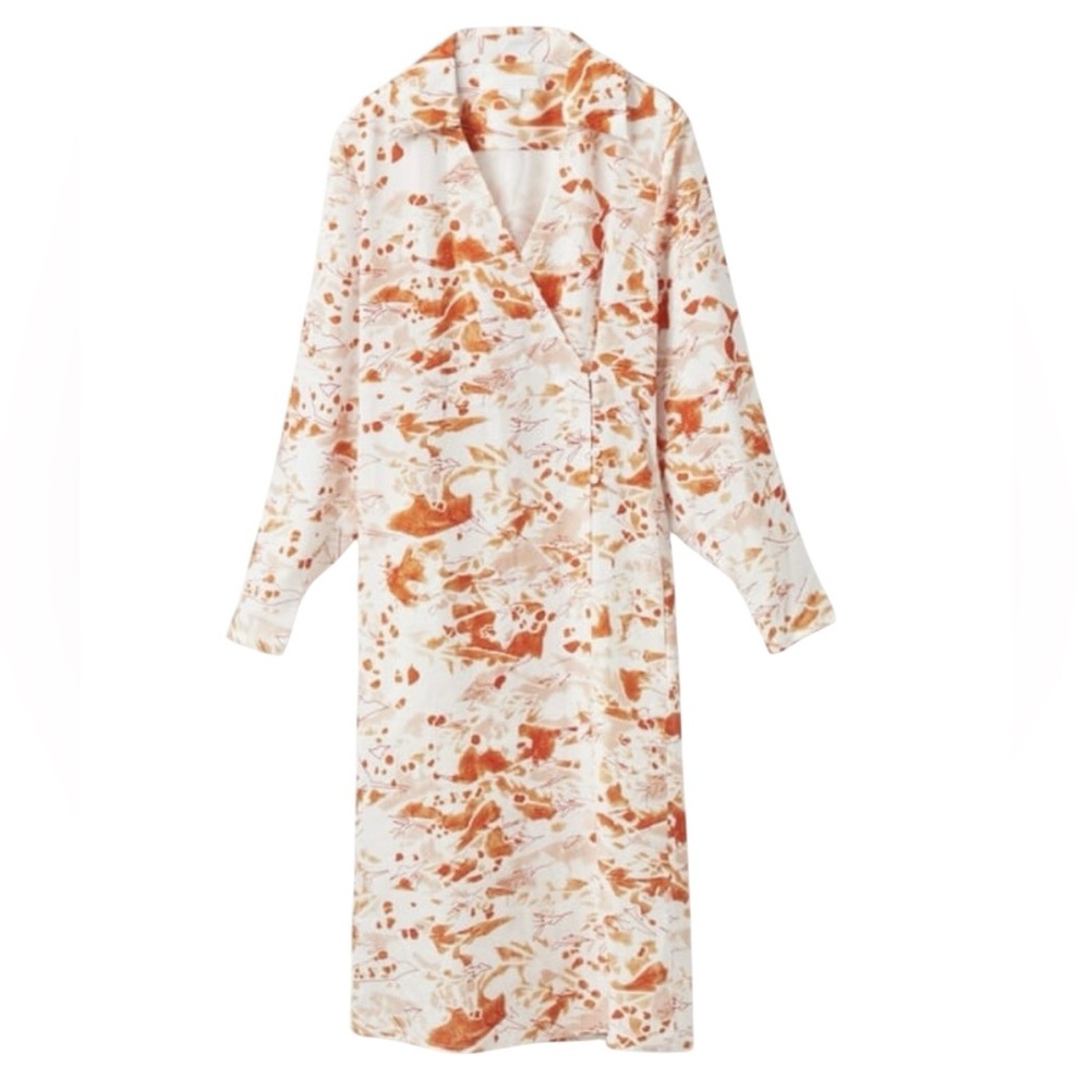 COS Wrap Retro Print Long Sleeved Collared Wrap Midi Dress Orange Pockets 12
